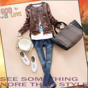 Free shipping 568 2012 autumn short design female PU outerwear jacket leather clothing