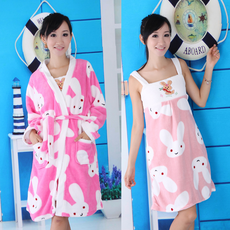 Free Shipping 5889 flannel rabbit pattern sexy nightgown robe twinset
