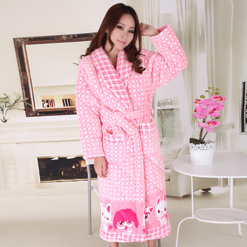 Free Shipping 5993 winter women's thickening thermal coral fleece cotton-padded robe cartoon female long design robe