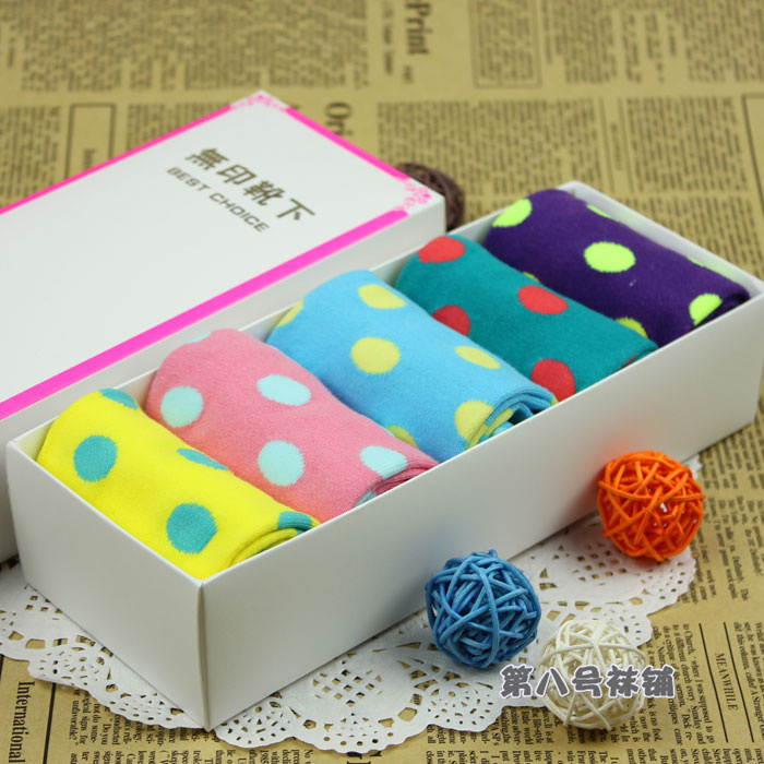 free shipping  5pairs/lot Candy color socks female women's 100% cotton big dot cartoon gift socks lovely cute socks