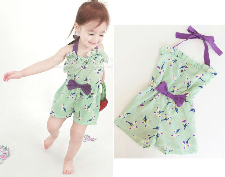 Free shipping 5pc/lot 2013 summer Fashion Cool color green Baby girls Halter jumpsuits, Girl short overalls / one piece clothes