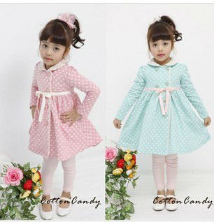 Free shipping 5pc/lot Fashion Polka Dot Girl long tops / Outerwear with Sashes,Children dress/ blouse blue,,green,pink