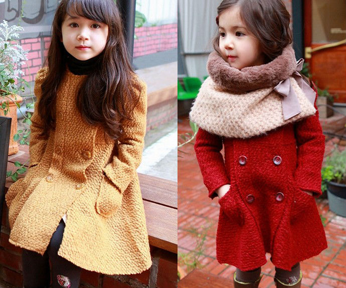 Free shipping  5pc/lot  fashion style  girls woolen coat / Girl long trench coats . Children long outerwear red, yellow