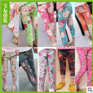 free shipping,5pcs a lot ,2013 new arrival fashion  Korean girl leggings printing flower  children pants cotton demin