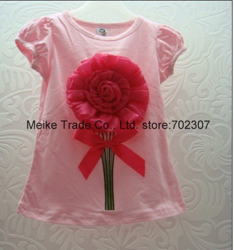 Free  shipping 5pcs/lot  100%cotton b2w2 new baby short sleeve flower t-shirt girls clothes 11045-3 pink  with hot pink