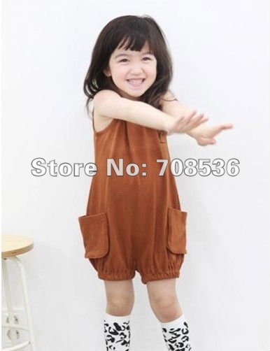 Free shipping 5pcs/lot  2013 New Summer brown big pocket girl's jumpsuit  for kids shorts Girl one piece clothes pants overalls