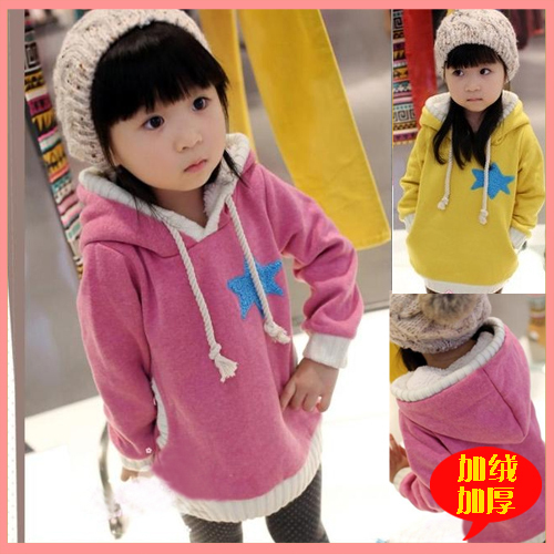 Free shipping 5pcs/lot 4904s size90-130 autumn and winter hooded thickening berber fleece five-pointed star sweatshirt