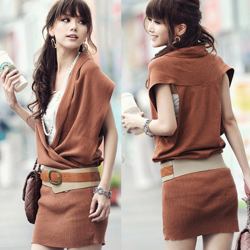 Free shipping 5pcs/lot 886 2012 autumn and winter women placketing V-neck knitted sleeveless slim hip knit dress sweater belt 5