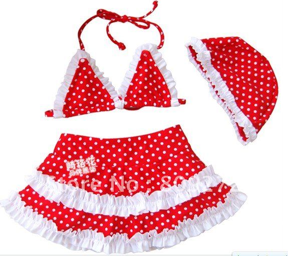 Free Shipping 5pcs/lot Baby Girl's Two Pieces Swimsuit with Hat,Kid's Red Dots Beachwear Swimwear