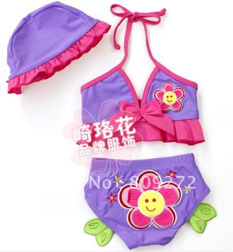 Free Shipping 5pcs/lot Baby Girl's Two Pieces Swimsuit with Hat,Kid's Sun Flower Purple Beachwear Swimwear