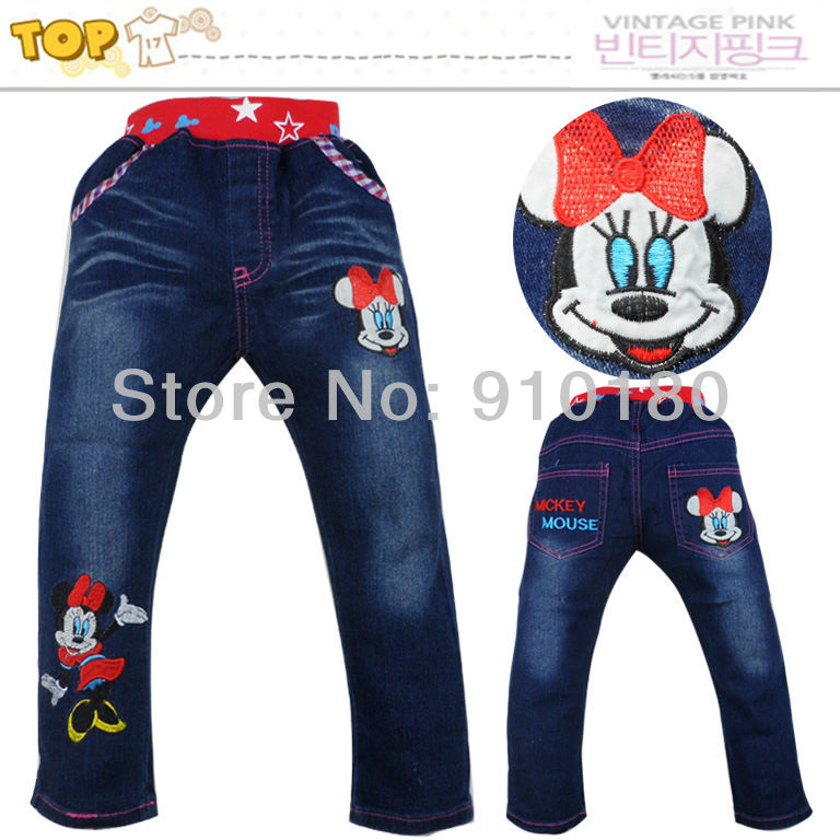 Free shipping 5pcs/lot children's cartoon minnie mouse jeans pants girls fashion casual jeans embroidery trousers for kids