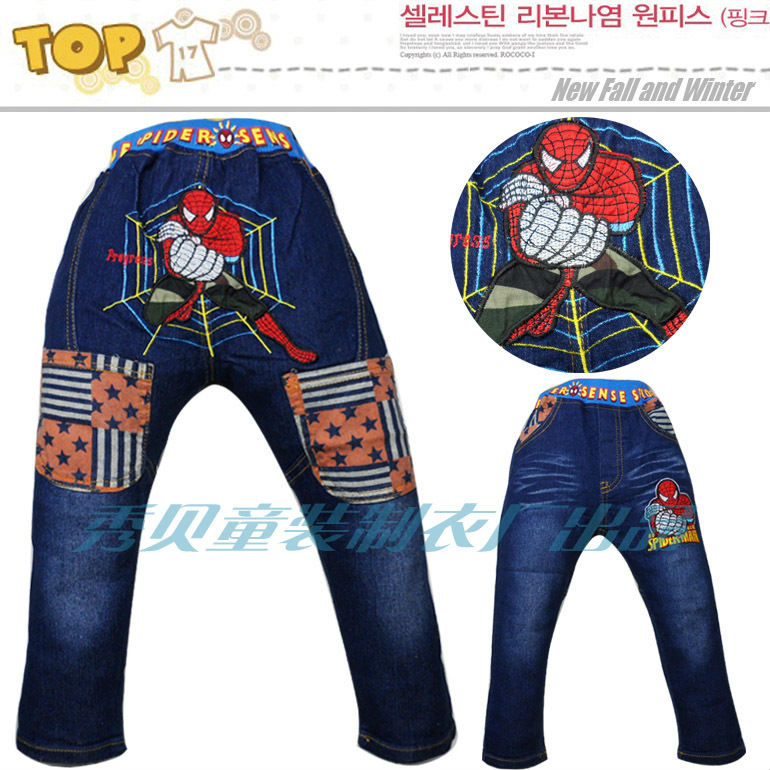 Free shipping 5pcs/lot children's cartoon spider-man jeans pants girls boys fashion casual jeans embroidery trousers for kids