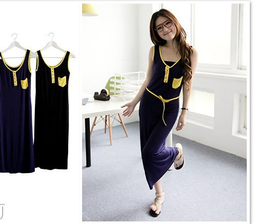 Free shipping 5pcs/lot Color border 5399 pocket style leather three-color tank dress