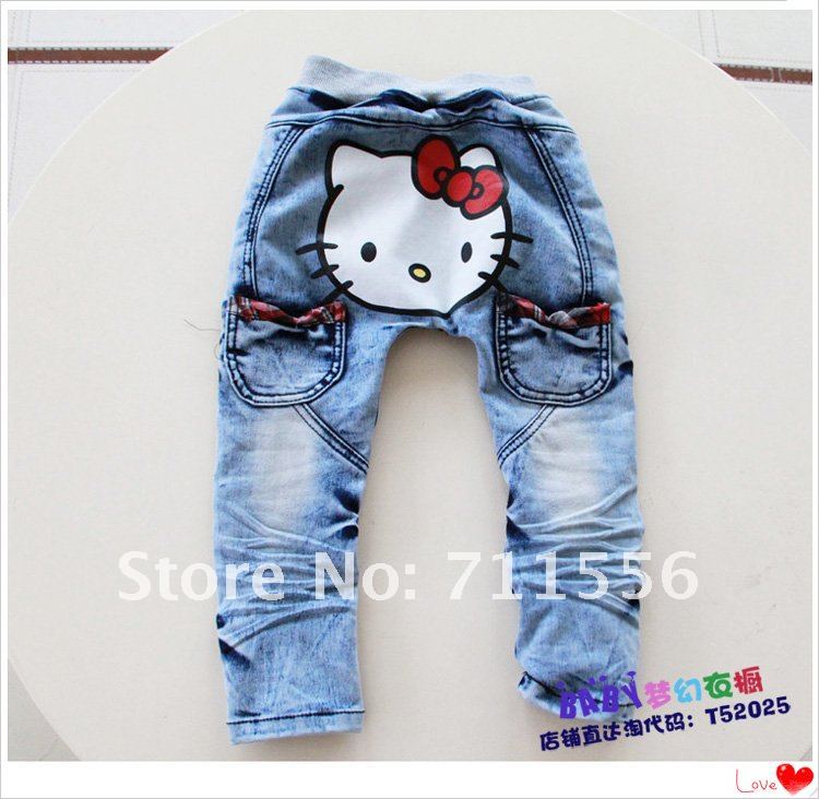 Free shipping 5pcs/lot fashion children's clothing cats style girl jeans kid's lovely denim pants hot sale