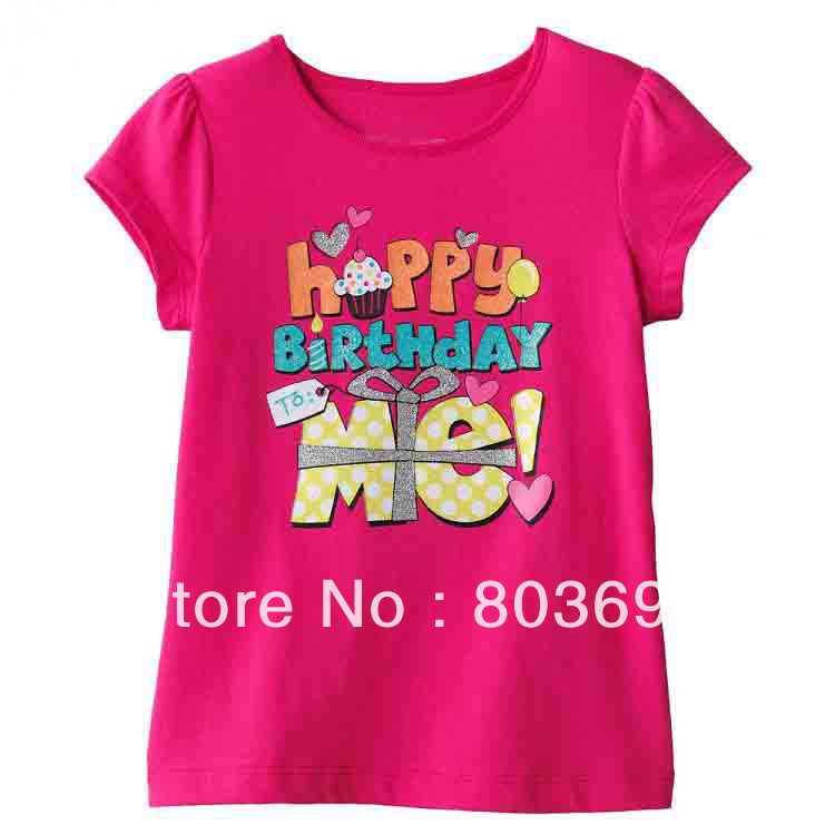 Free shipping 5pcs/lot Fashion design short sleeve girls t-shirt happy birthday to me! children hot pink top  2051