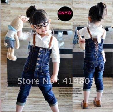 Free shipping 5pcs/lot kids wear children clothing Kids suspender trousers overalls girls beautiful pants popular jeans