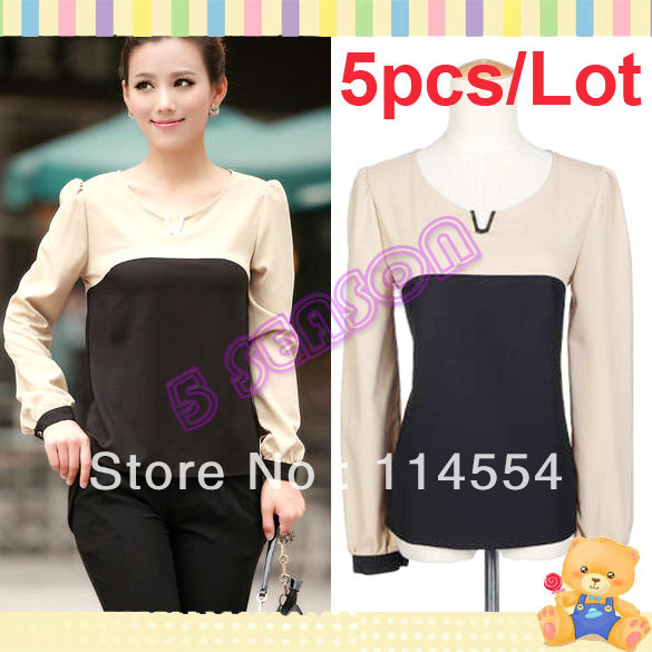 Free Shipping 5pcs/Lot Korea Women's Elegant Splicing Long Sleeve Top Blouse Shirt Pullover 10735