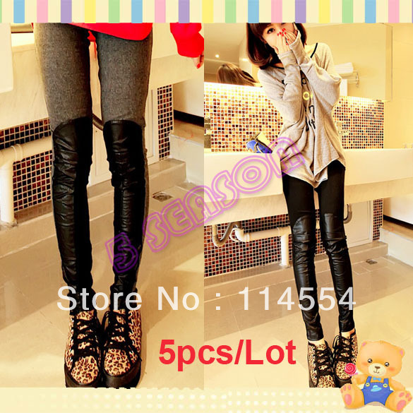 Free Shipping 5pcs/Lot Korea Women's Knee Synthetic Leather Stitching Casual Render Pants Leggings 10196