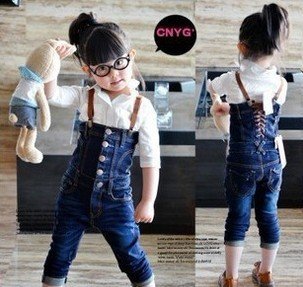 Free shipping 5pcs/lot new children bule overalls cheap 3-7 yrs old baby girls kids jeans size#90-130