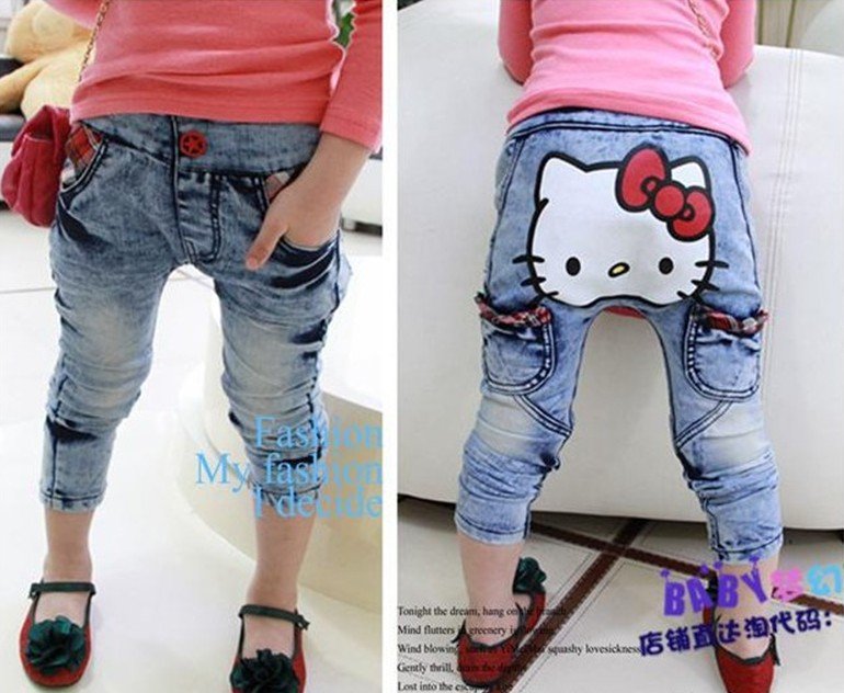 Free shipping 5pcs/lot New children girls cartoon Hello Kitty slim jeans kids trousers girls legging baby pants