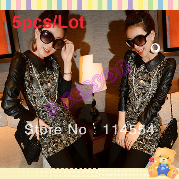 Free Shipping 5pcs/Lot New Fashion Women's Lapel Slim Leather Splicing Long Sleeve Printing Dress 10224