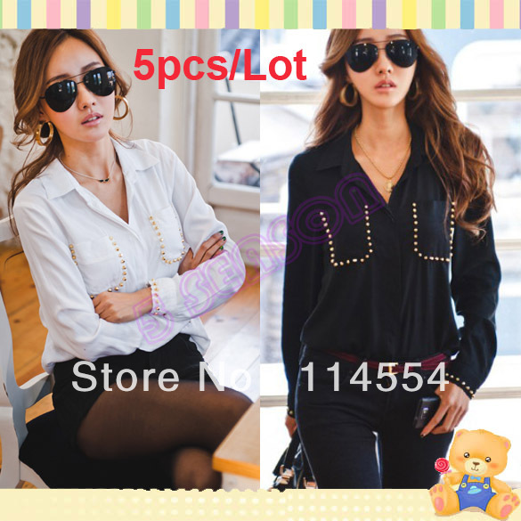 Free Shipping 5pcs/Lot New Korean Fashion Ladies Long Sleeve Turn-down Collar Rivet Shirt Blouse 11065