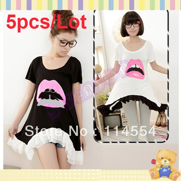 Free Shipping 5pcs/Lot New Korean Ladies Cartoon Red Lips Tee Shirt Casual Loose Top T-Shirt 2Colors 11070