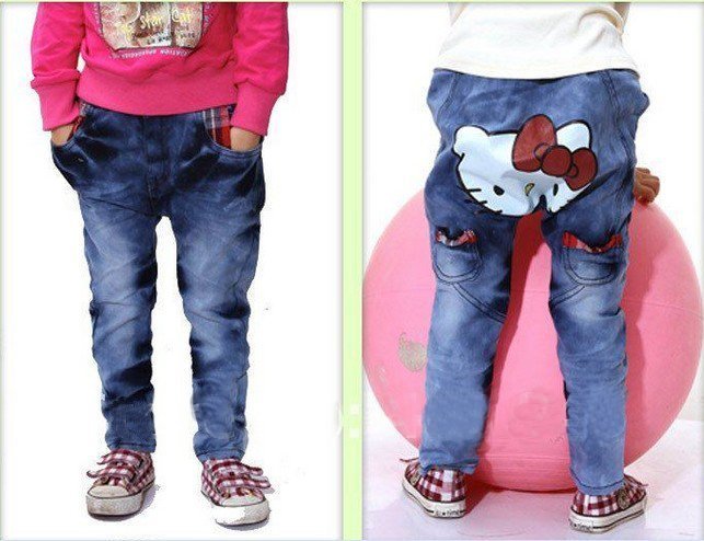 free shipping 5pcs/lot new style childre girl's long casual cartoon design jeans pants