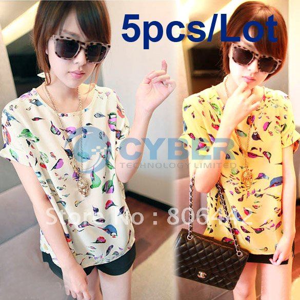 Free Shipping 5pcs/Lot Sexy Women Colorful Birds Chiffon T Shirt Batwing Loose Blouse Casual Tee Tops