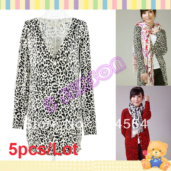 Free Shipping 5pcs/Lot Sexy Women Leopard Print Cardigan Long Sleeve Knitted Wear Knitting Sweater Shirt 11131