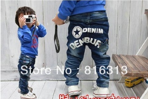 free shipping 5pcs/lot star letter printing boys girls jeans kids pant Children trouser Korean straight style denim jeans