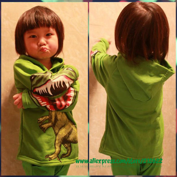 Free shipping 5pcs/lot super cool new style dinosaur hoodie unisex long sleeve green sweatshirt kids spring autumn wear