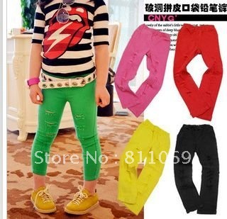 Free shipping 5pcs/lot Wholesale baby girl summer Nine points jeans pants children ripped jeans kids skinny red black jeans