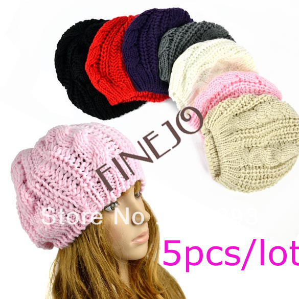 Free shipping 5pcs/lot Winter Warm Women's Hat Beret Braided Baggy Beanie Crochet Hat Ski Cap 7 Colors 8230