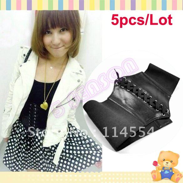 Free Shipping 5pcs/Lot Women's Fashion Stretchy Faux Leather Wide Waist Belt Corset Black