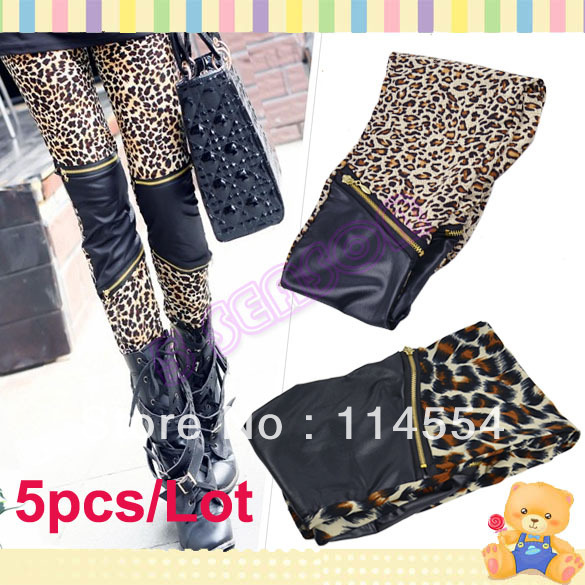 Free Shipping 5pcs/Lot Women's Sexy Imitation Leather Patchwork Zipper Leopard Print Leggings Skinny Pants 10033