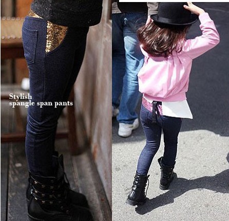 Free shipping(5pieces/lot)Cotton knitted denim girl's jeans baby Render pants leggings for girls kids sequins stretch denim