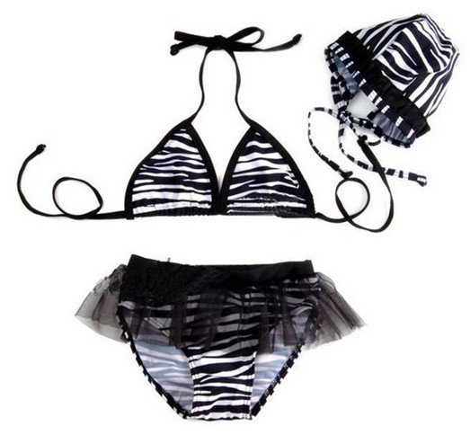 free shipping! 5sets/lot baby girl bikini swimsuit  bathing cap+bikini top+lace shorts  black zebra-stripe style swimsuit