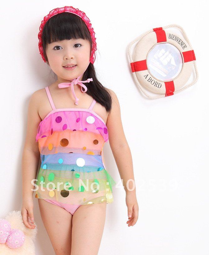 Free Shipping 5sets/lot Baby Girl's one-piece Swimsuit with hat,Rainbow Color