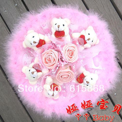 Free shipping 6 Bear 3 gold powder rose cartoon bouquet dried flowers natural crafts fake bouquet toys ZA937