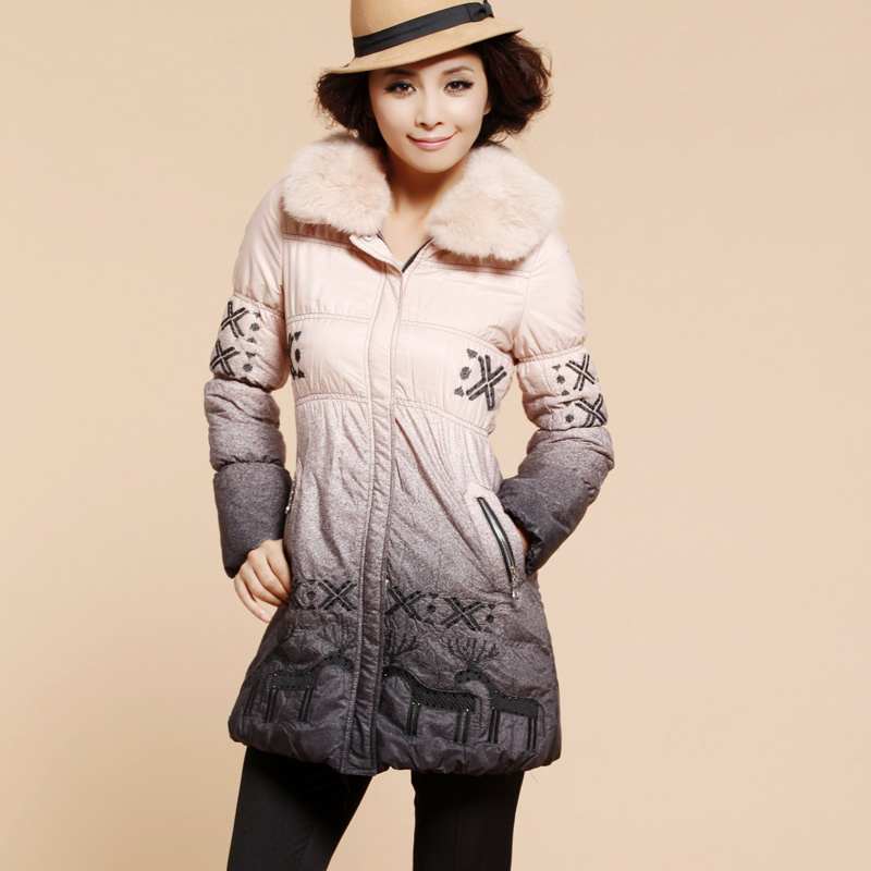 Free Shipping, 60541919 j winter rhinestones gradient color large fur collar long design gentlewomen wadded jacket