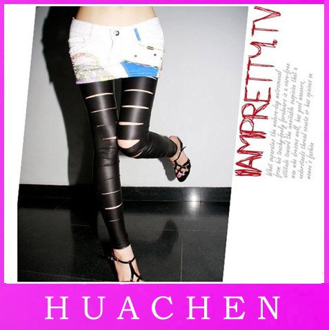 Free shipping 60pcs/lot Free shipping+Black New PVC Faux Leather Punk Gothic Legging Pant LL08 Hole