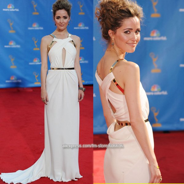 Free Shipping 62nd Emmys Rose Byrne Sheath Gold Ribbons Chiffon Sexy Ivory Pleated Red Carpet Celebrity Dresses Evening Gowns