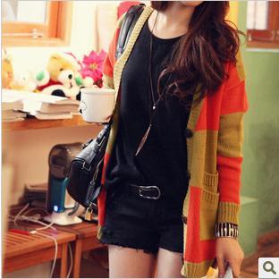 Free Shipping 6411 fashion color block decoration loose double pocket sweater shirt outerwear MY