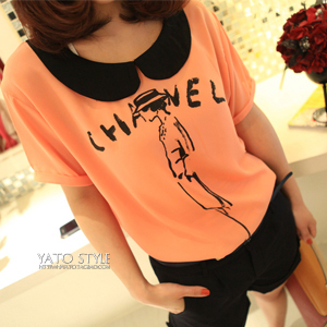 FREE SHIPPING 65 2012 women's black butterfly collar classic elegant pattern chiffon shirt 107