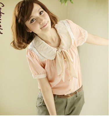 FREE SHIPPING 6577 2013 spring and summer bow bandage patchwork lace shirt