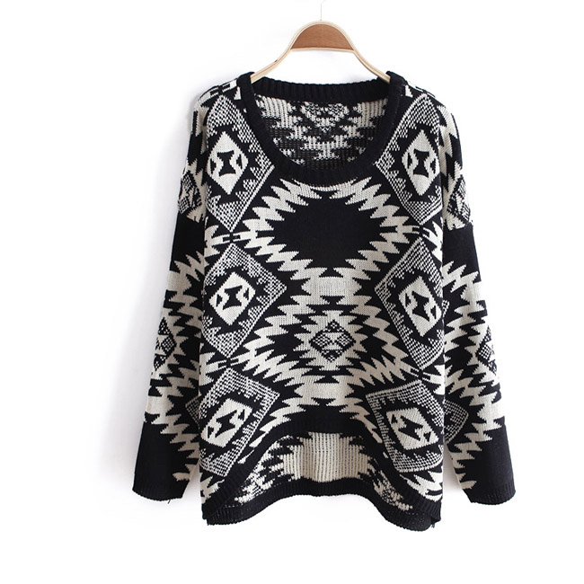 free shipping 69 o-neck geometric figure batwing sleeve sweater long-sleeve loose sweater wx1139