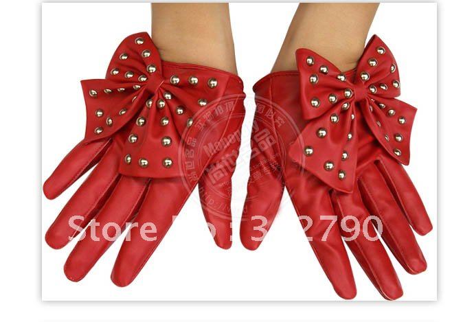 Free shipping 6pairs/lot  New wholesale women fashion faux leather gloves with rivet bowknot PU gloves gift