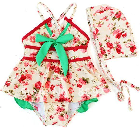 Free Shipping 6pcs/lot Baby Girl's One Pieces Swimsuit with Hat,Kid's Flowers Beachwear Swimwear