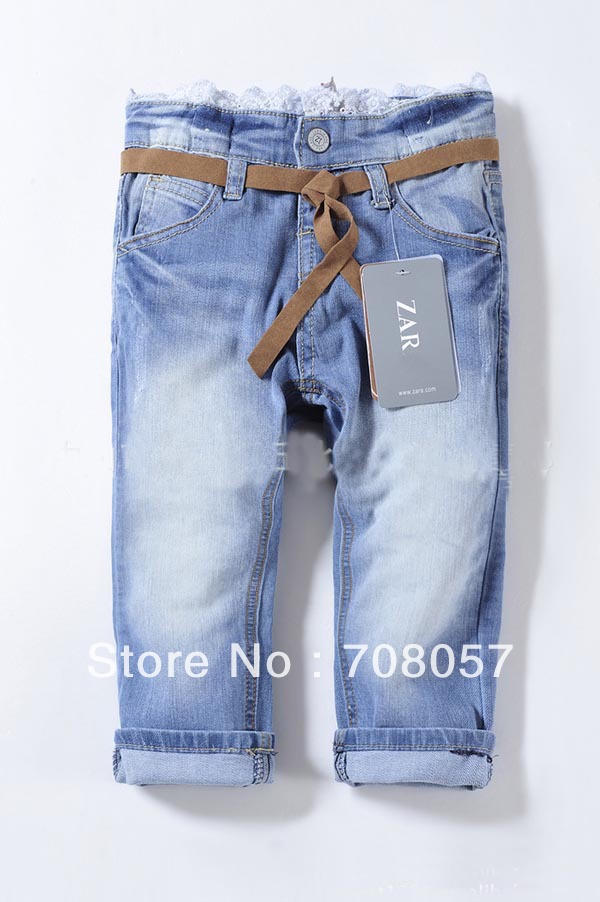 Free shipping 6pcs/lot  fashion  denim lace girls jeans with belt brand children's long  pants for 2-10 years kids in stock